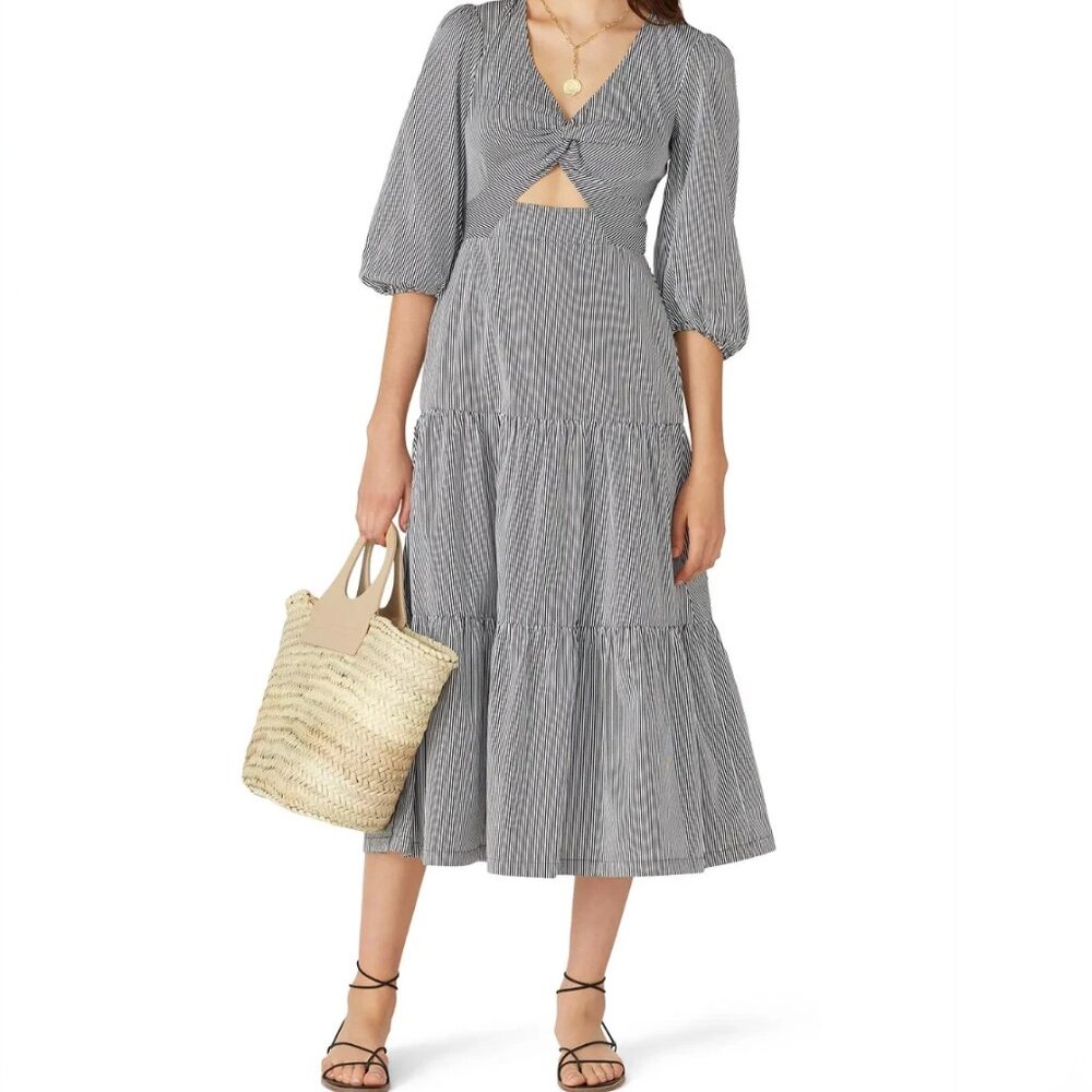 Parker Marzia Cutout Tiered Maxi Dress – Black White Stripe, Size 18